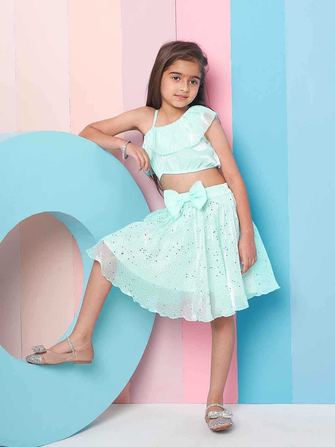 pspeaches Girls Embellished One Shoulder Top with Skirt