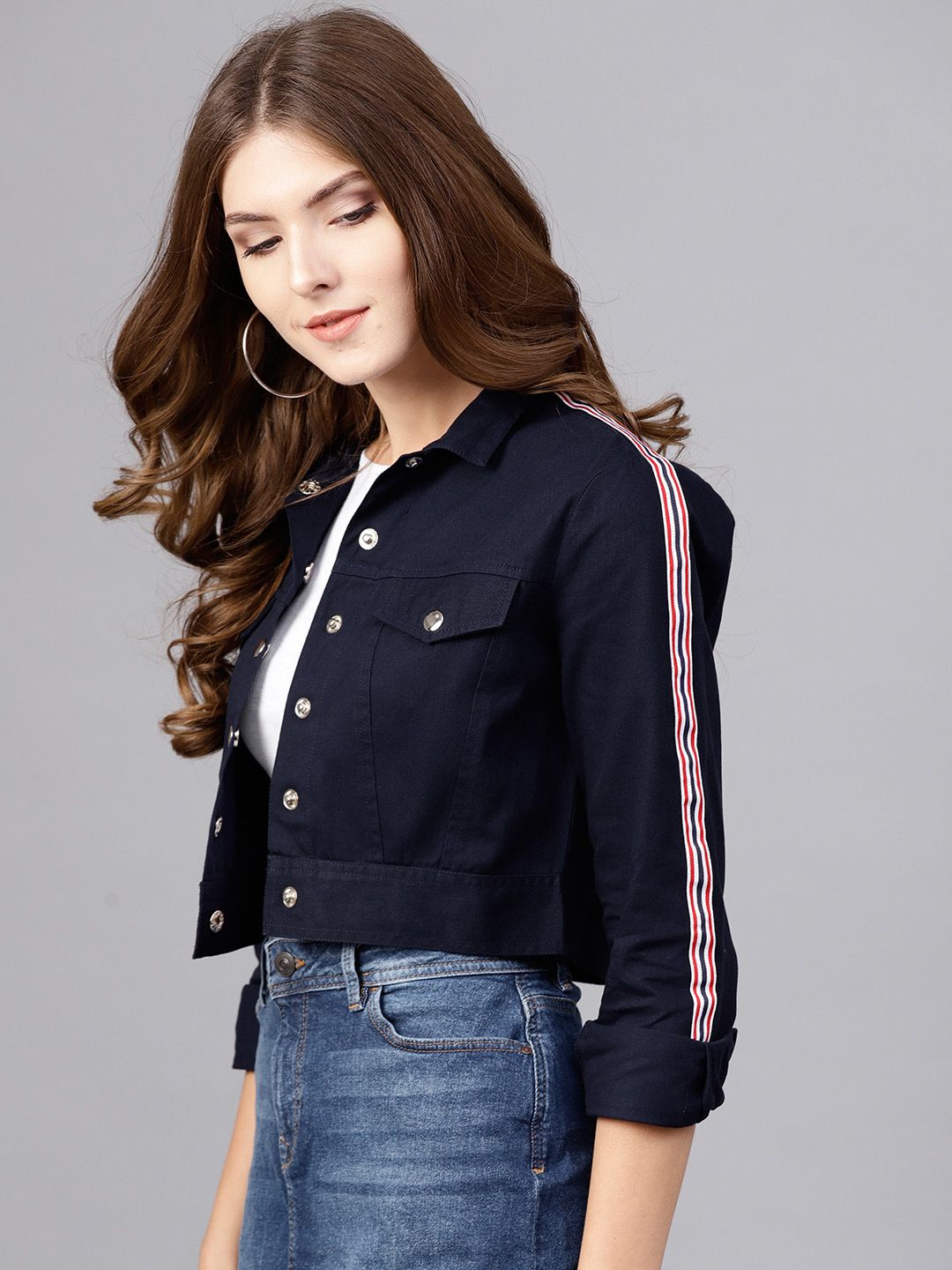 STREET 9 Women Navy Blue Solid Crop Jacket