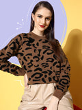 Berrylush Women Chic Brown Animal Printed Knits Bits Sweater