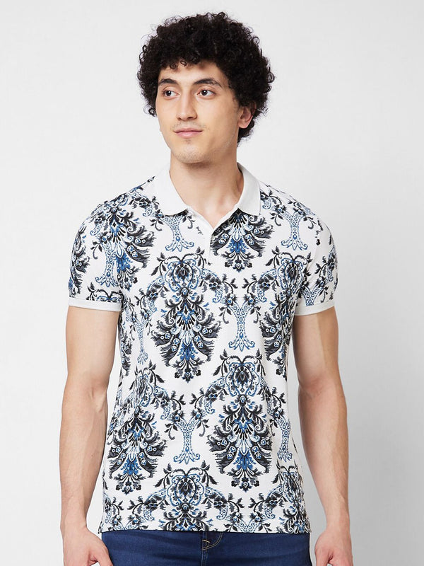 SPYKAR Abstract Printed Polo Collar Pure Cotton Slim Fit T-shirt