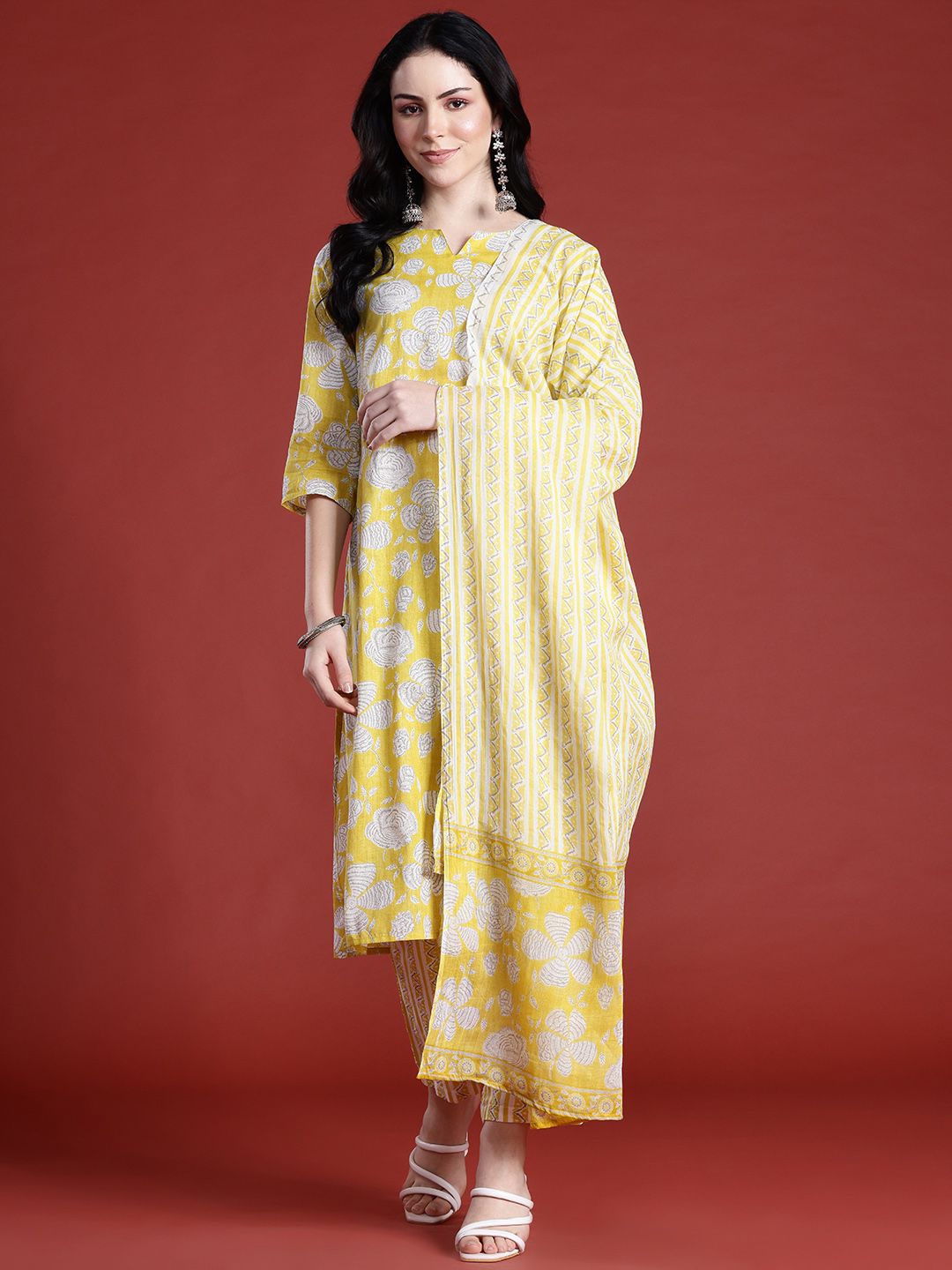Anouk Floral Printed Pure Cotton Kurta with Trousers & With Dupatta