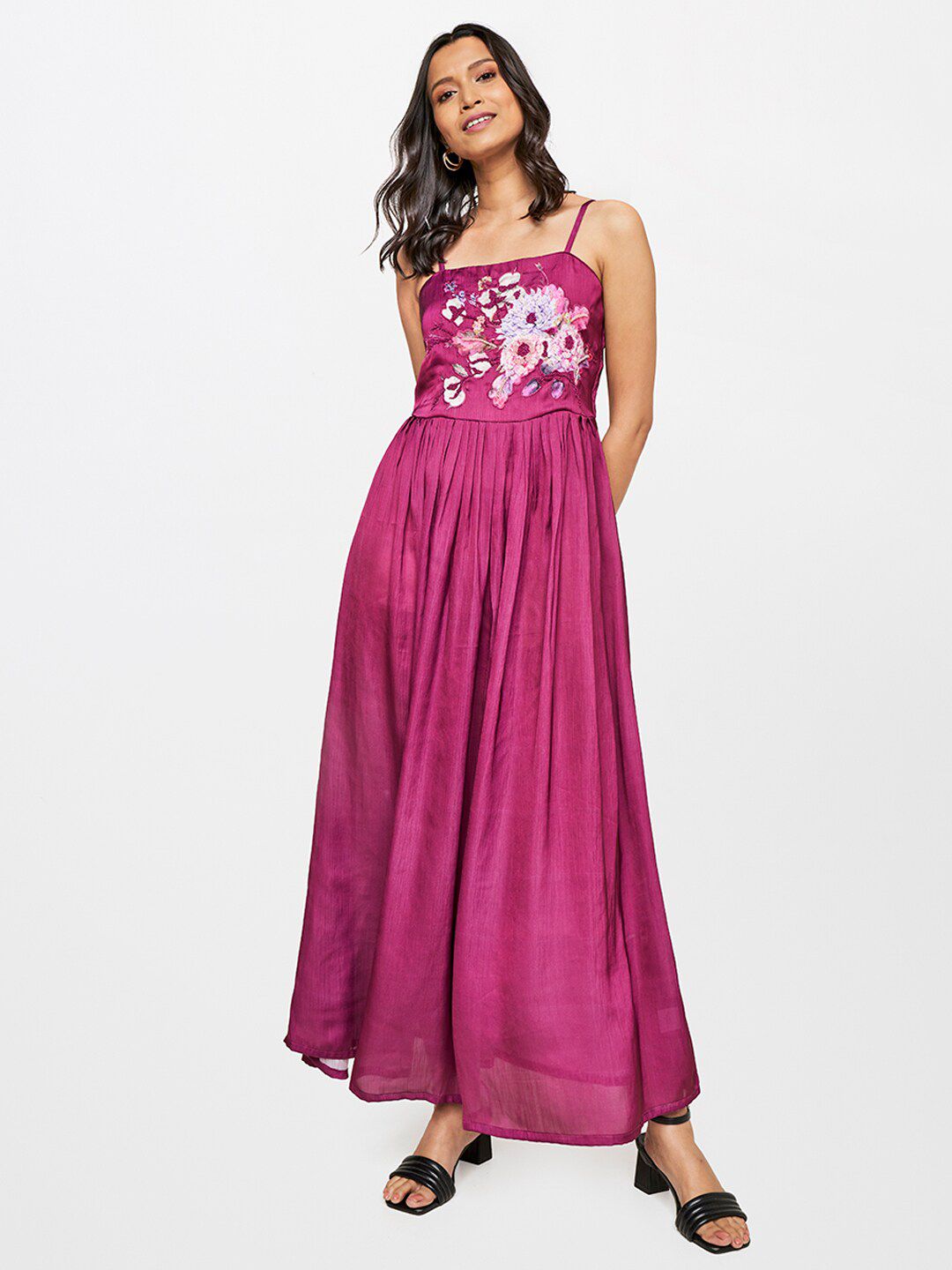 AND Women Magenta Floral Embellished A-Line Maxi Dress