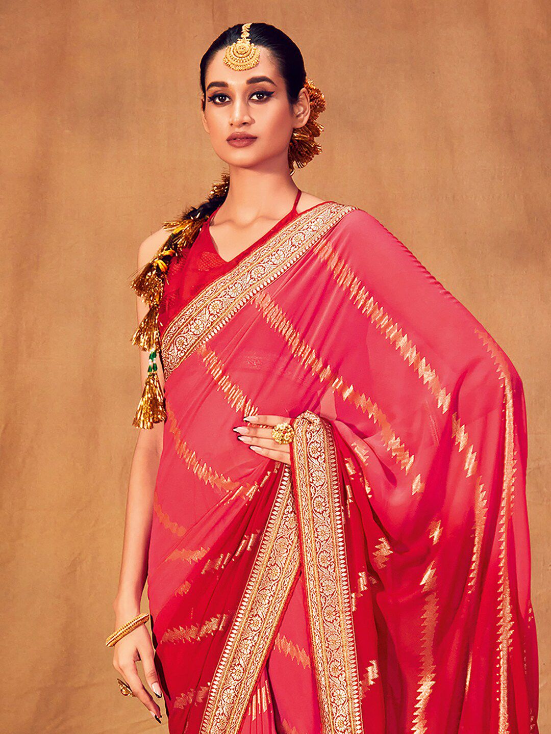 Saree mall Striped Woven Design Zari Poly Georgette Sarees