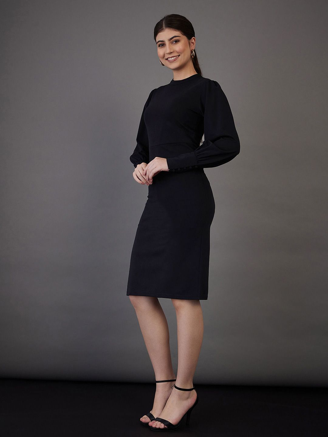 SASSAFRAS worklyf High Neck Puff Sleeves Formal Sheath Dress