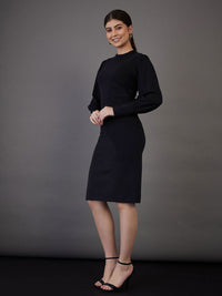 SASSAFRAS worklyf High Neck Puff Sleeves Formal Sheath Dress