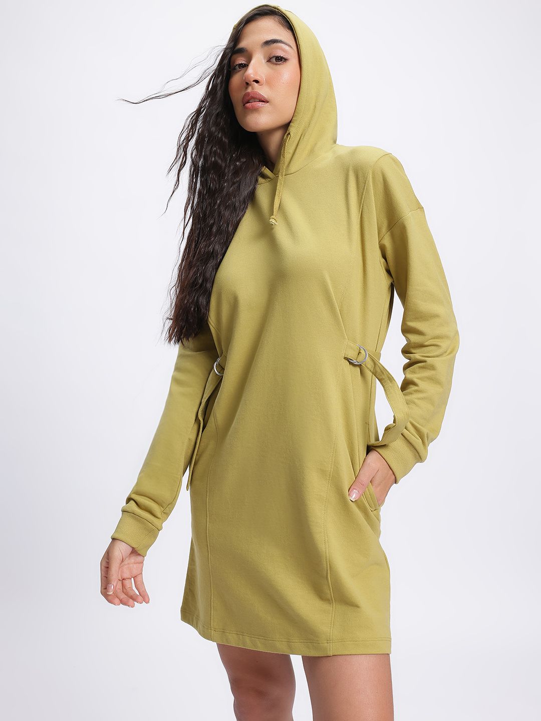 DressBerry Utility Weave Belted Hooded Sweatshirt Dress