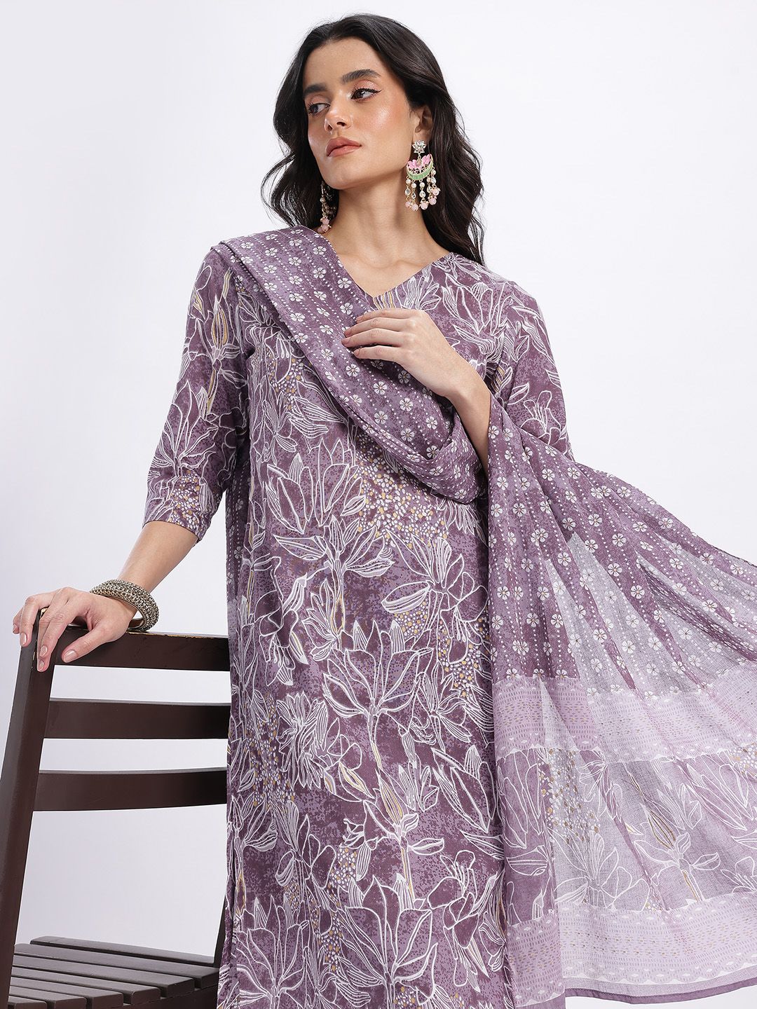 Anouk Floral Printed Pure Cotton Straight Kurta with Trousers & Dupatta