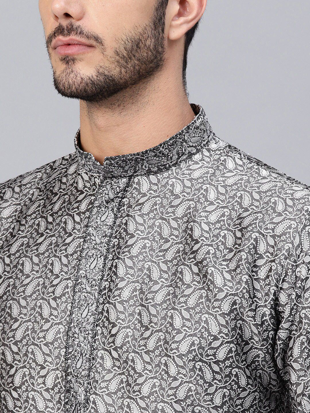 SOJANYA Woven Design Mandarin Collar Silk Cotton Kurta
