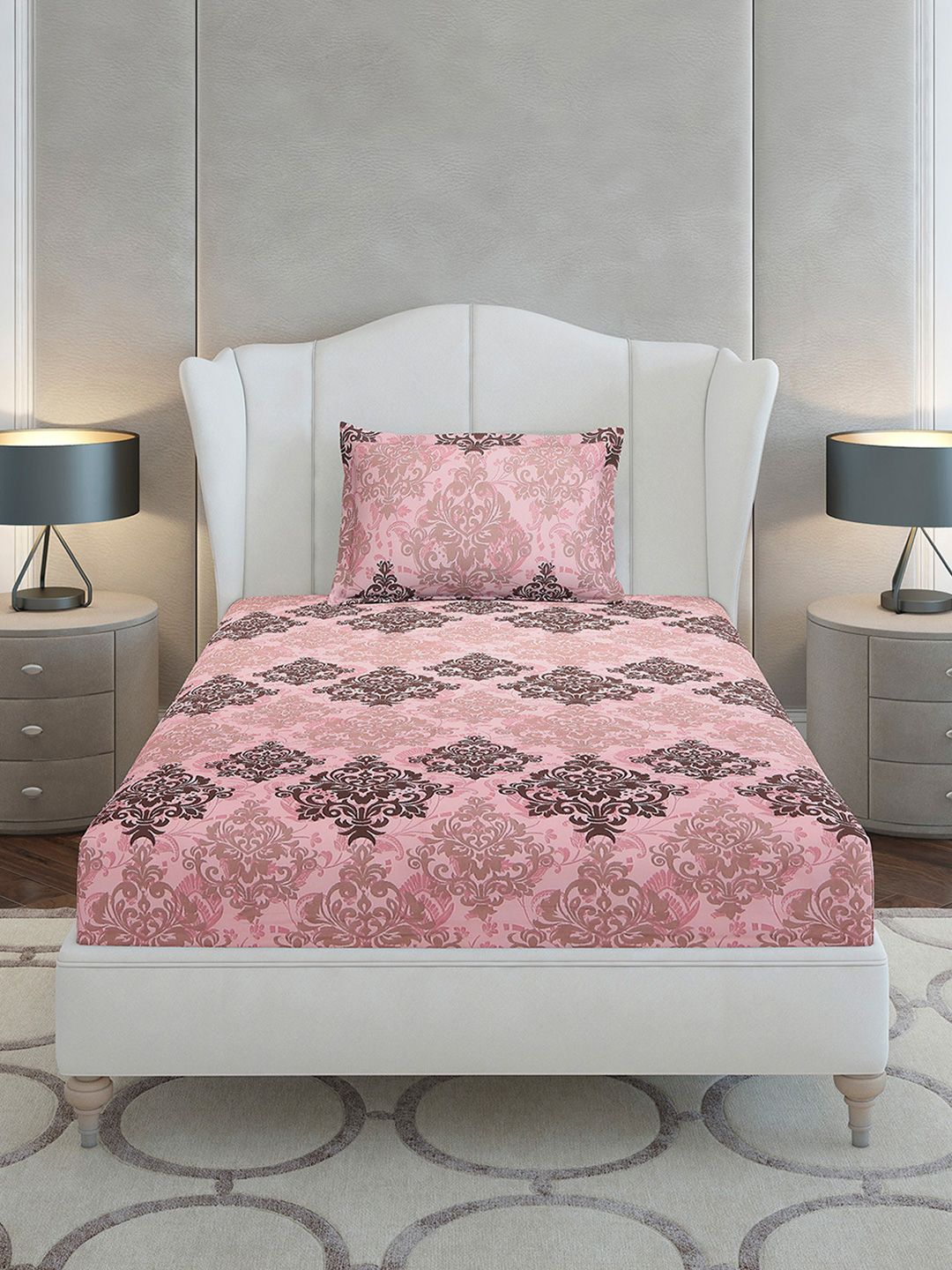 Monte Carlo Pink & Brown Floral Printed 104 TC Single Bedsheet Set 2.24 m x 1.52 m