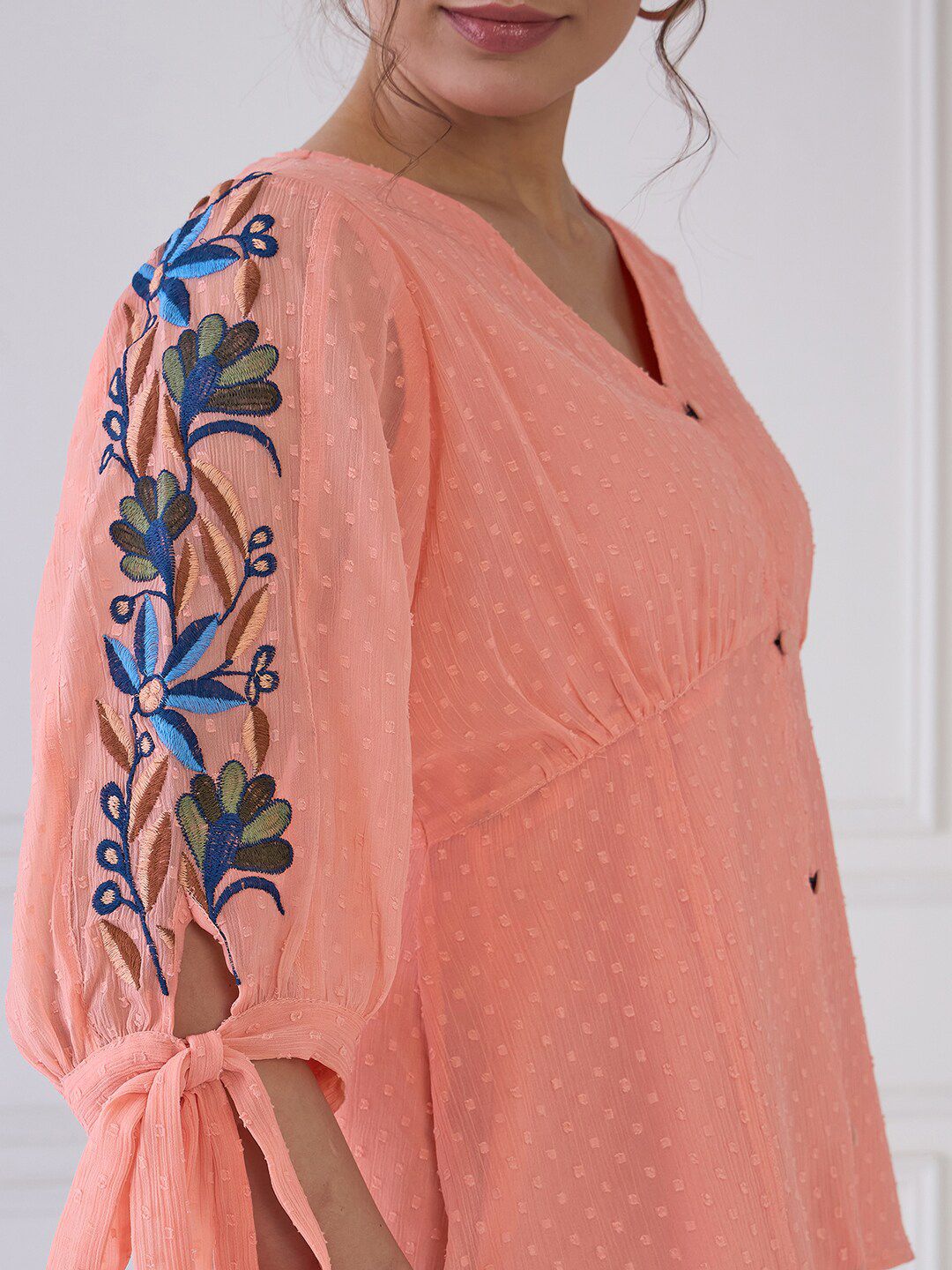 Antheaa Polka Dot Puff Sleeve V-Neck Chiffon Cinched Waist Top