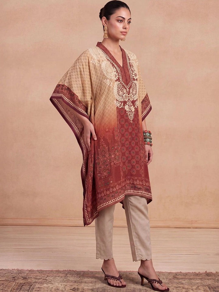 Rumah Wanita Chikankari Motif Etnik Bercetak Lengan Panjang Kerja Benang Crepe Kaftan Kurta