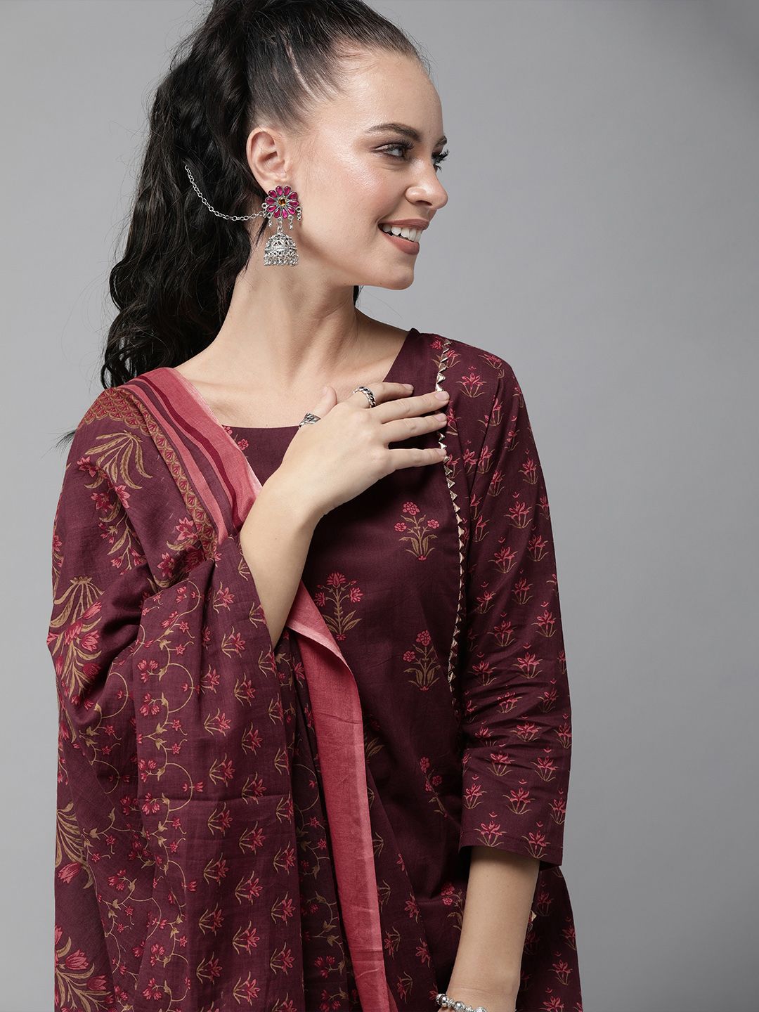 Indo Era Folksy Floral Screen Print Cotton Kurta Set
