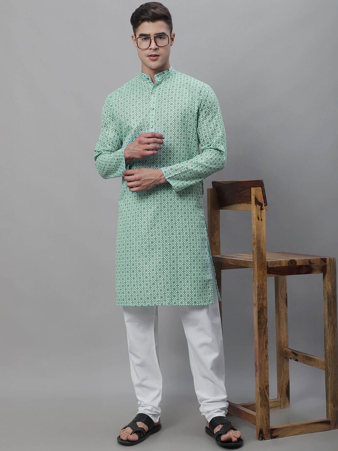 SOJANYA Men Geometric Printed Cotton Linen Kurta