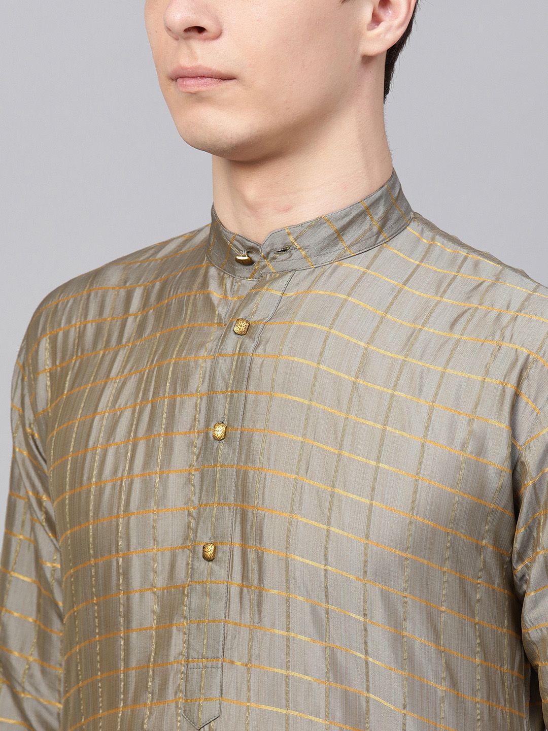 SOJANYA Men Grey Checked Straight Kurta