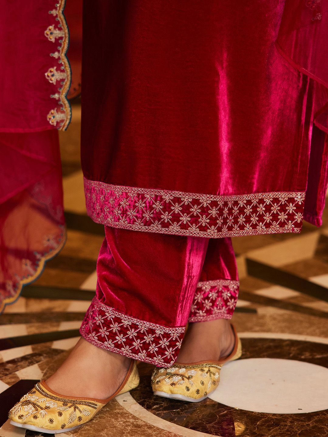 Indo Era Women Ethnic Motifs Embroidered Regular Velvet Kurta with Trousers & With Dupatta