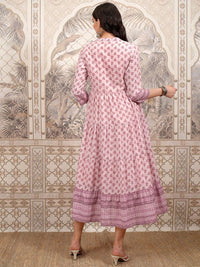 Vishudh Pink Ethnic Motifs Printed Mandarin Collar Fit and Flare Midi Ethnic Dress