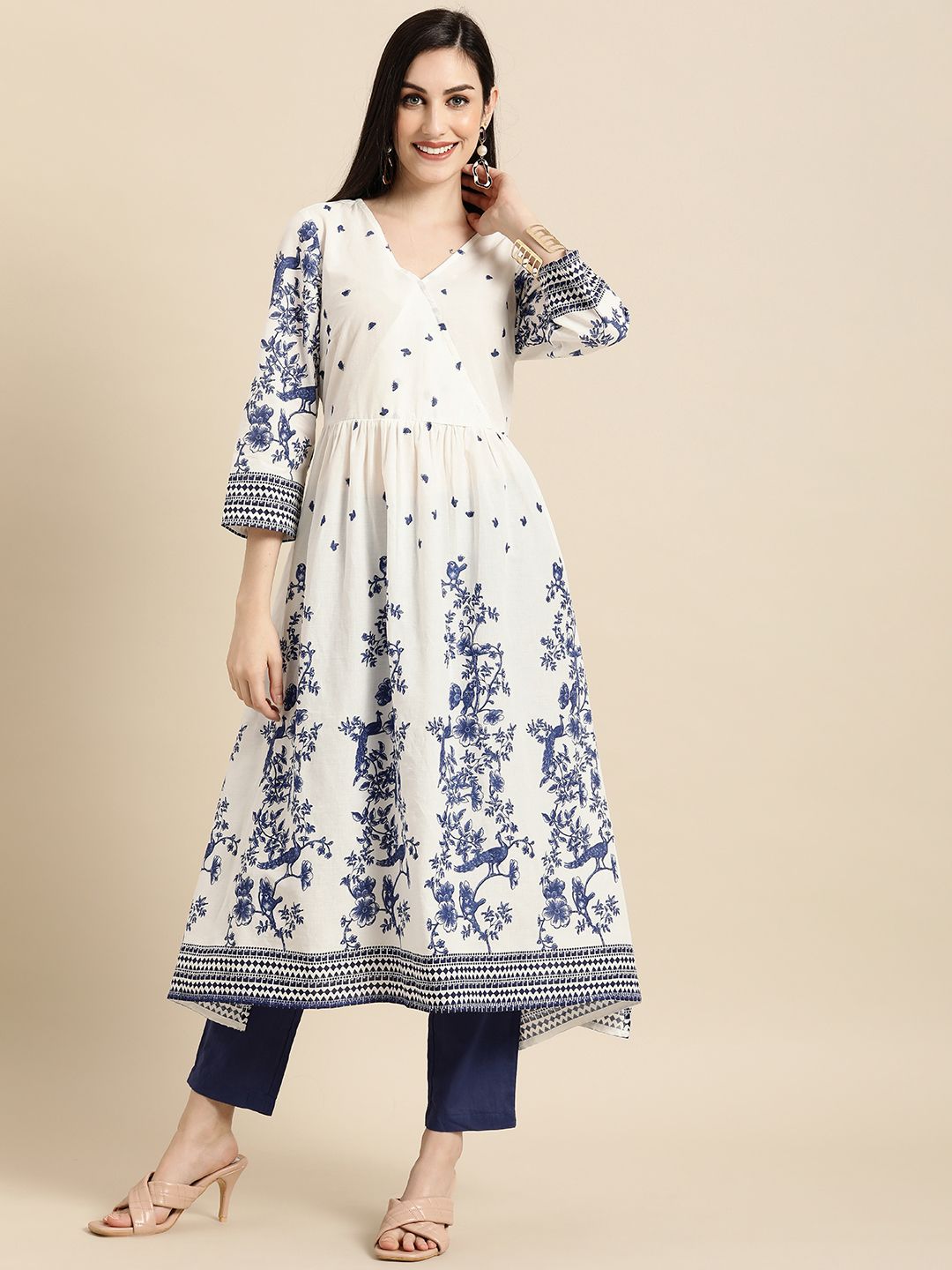Anouk Women White Ethnic Motifs Printed Pleated Pure Cotton Kurta with Trousers