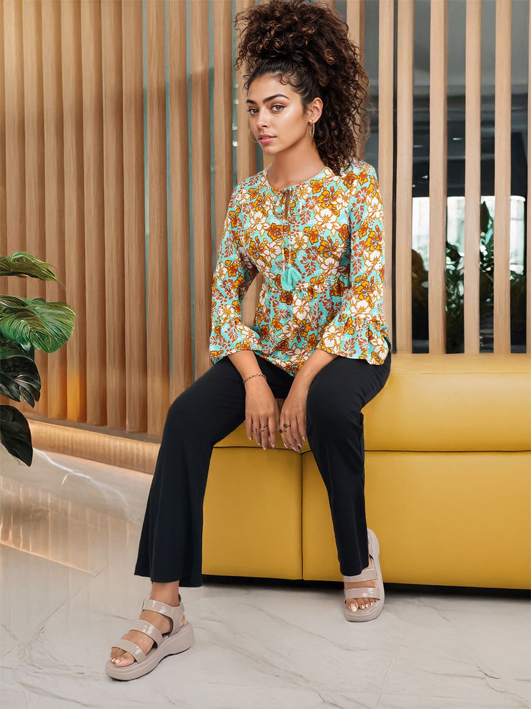 DressBerry Floral Print Bell Sleeve A-Line Top
