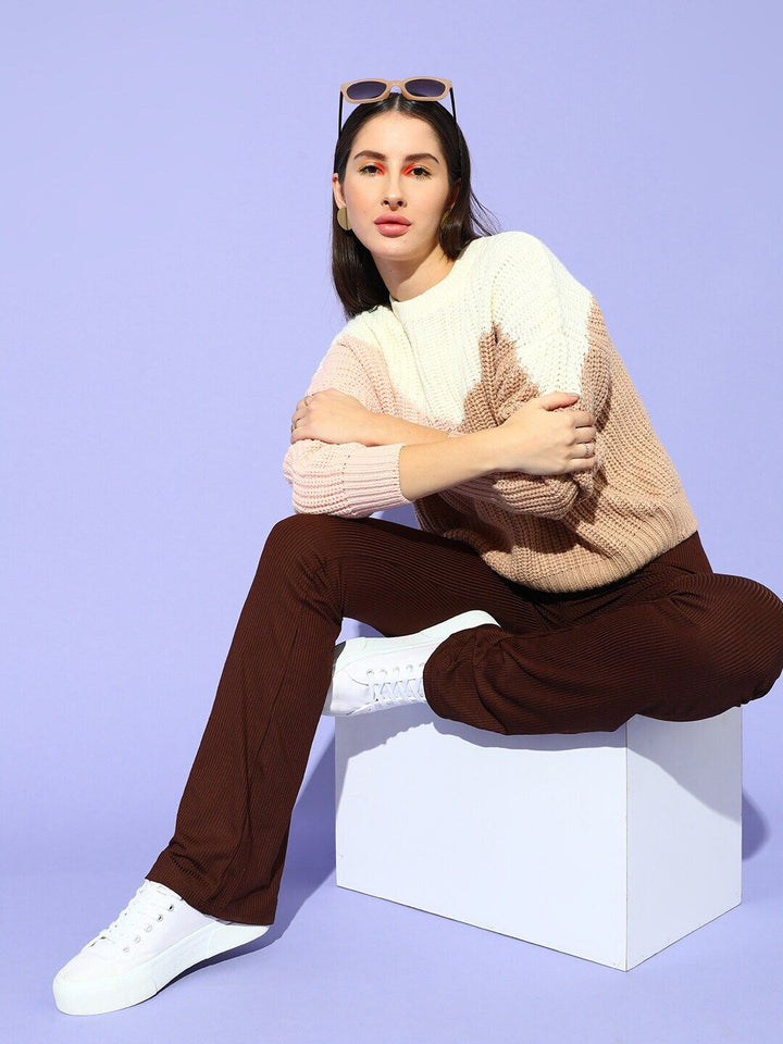 STREET 9 Women Brown & White Colourblocked Pullover