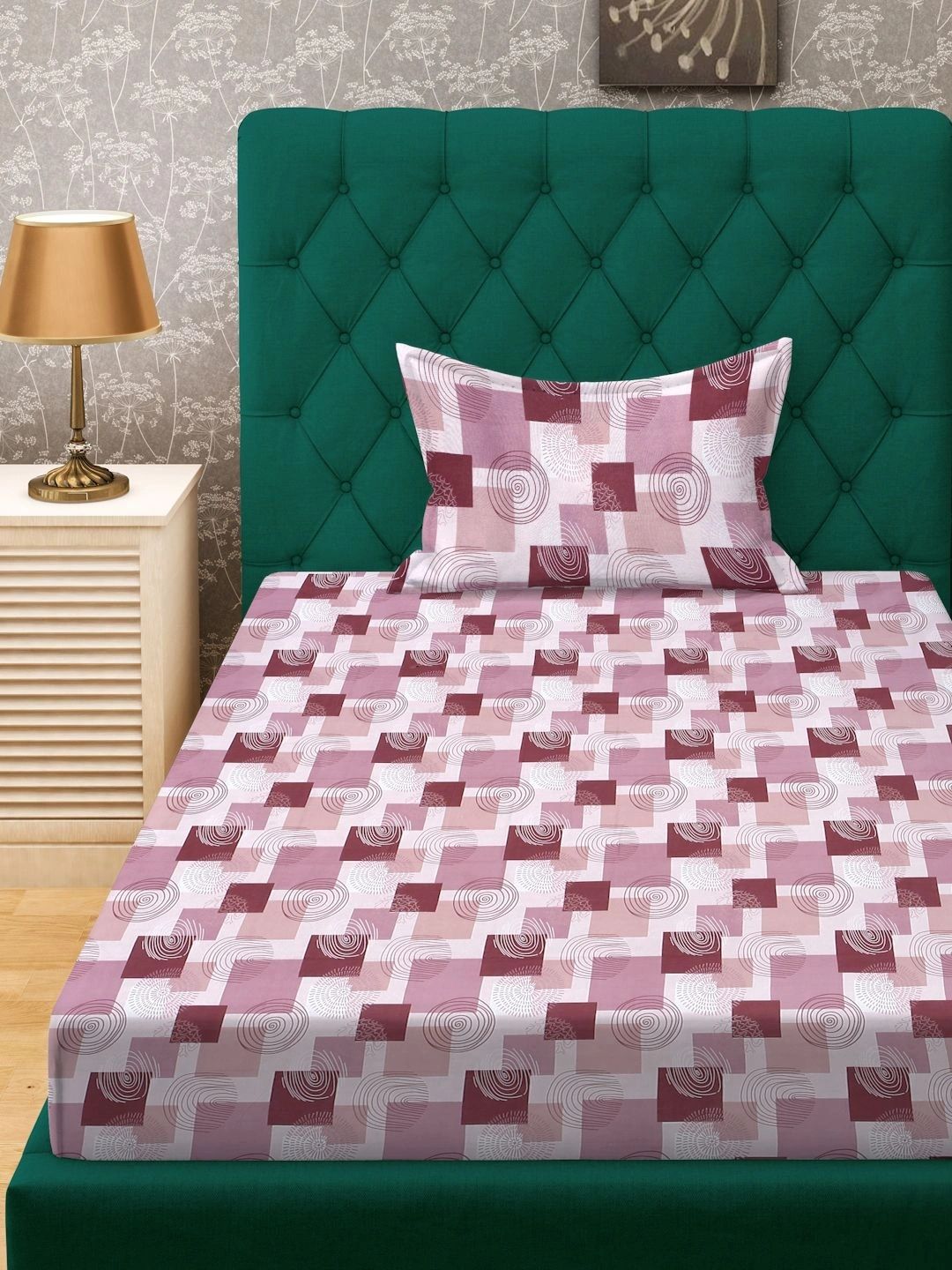 Myntra Elegant Homes Pink Geometric 400 TC Single Bedsheet with 1 Pillow Covers