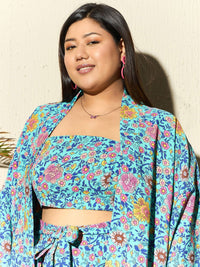 Berrylush Curve Plus Size Floral Printed Top, Shrug & Shorts