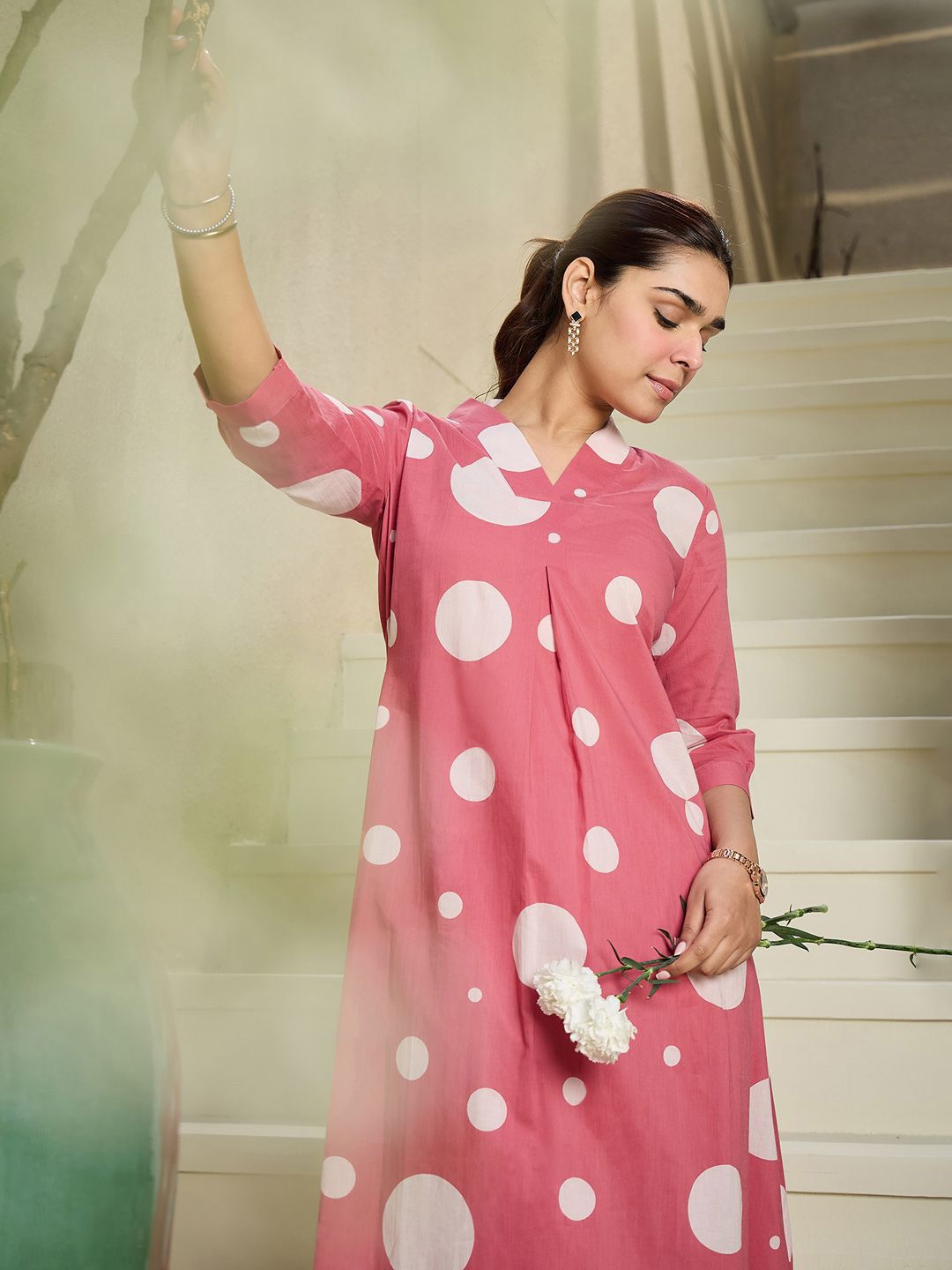 Indo Era Geometric Printed V-Neck Pure Cotton A-line Kurta With Trousers