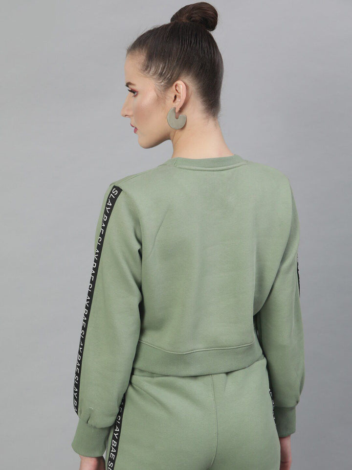 STREET 9 Women Green Solid Crop Sweatshirt With Side Stripes