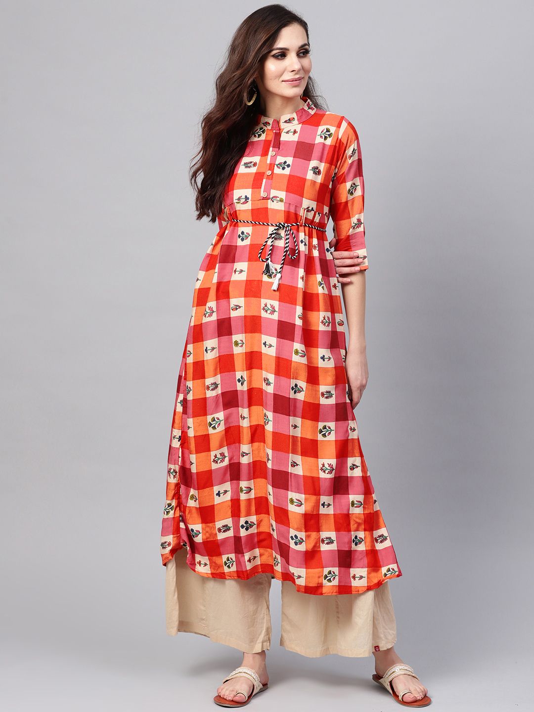 SOJANYA Women Orange & Beige Checked A-Line Kurta