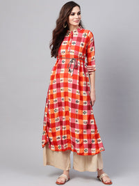 SOJANYA Women Orange & Beige Checked A-Line Kurta
