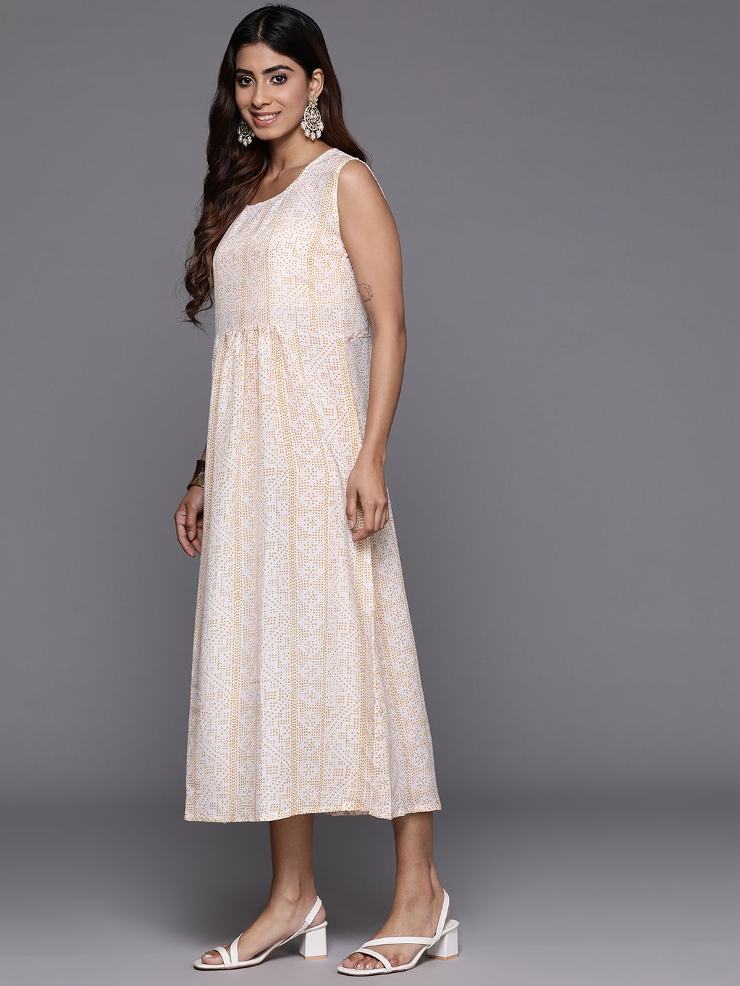 Indo Era Printed Embroidered Cape Sleeve Crepe A-Line Midi Dress