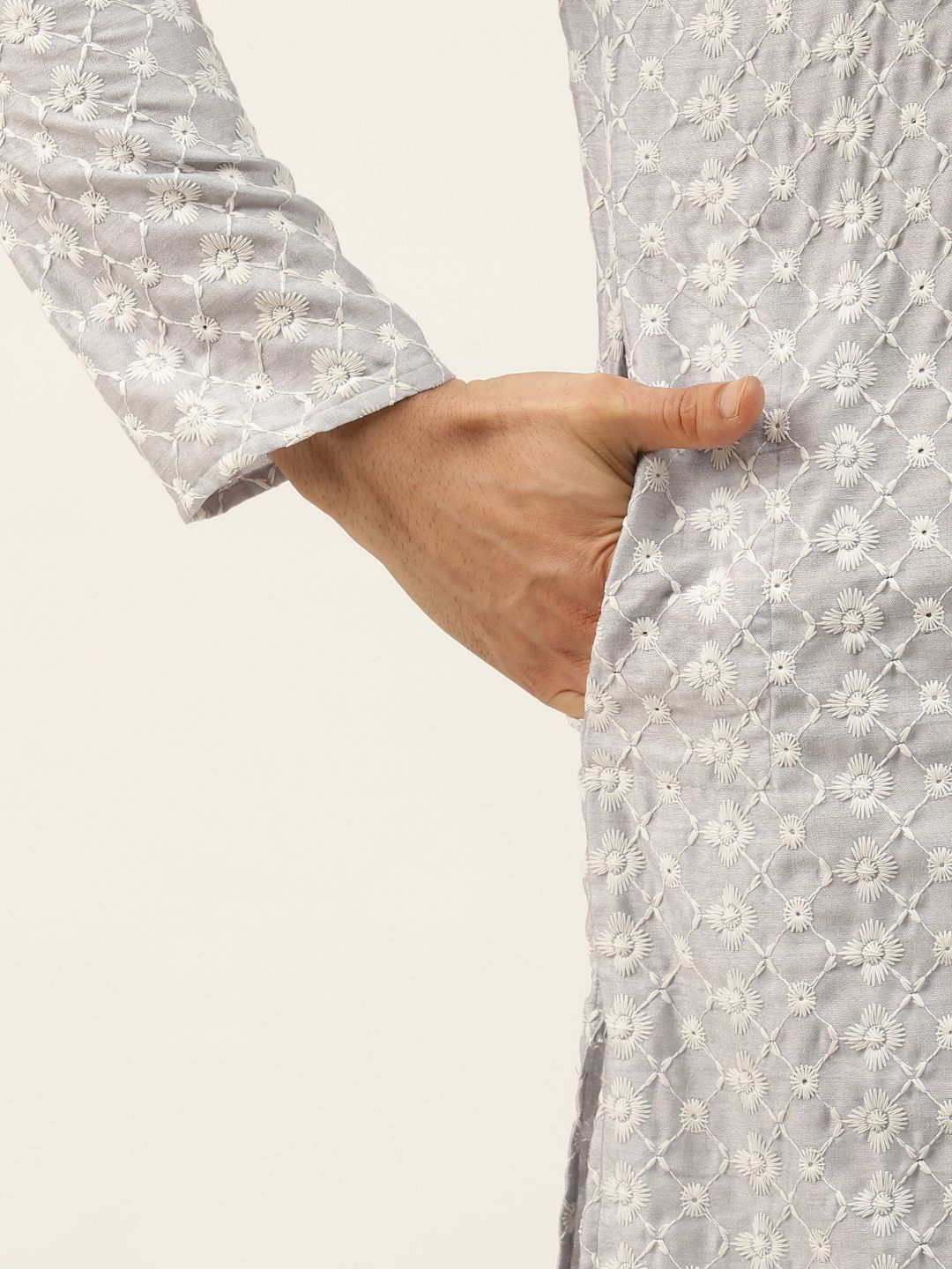 SOJANYA Men Grey Chikankari Embroidered Kurta with Churidar & Nehru Jacket