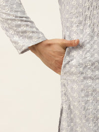 SOJANYA Men Grey Chikankari Embroidered Kurta with Churidar & Nehru Jacket