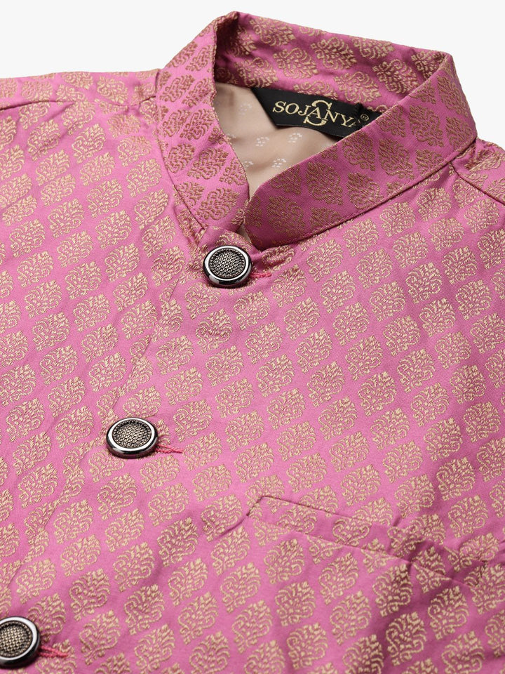 SOJANYA Men Black Solid Kurta Set With Printed Jacket