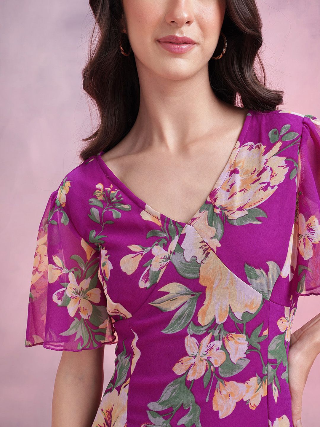 DressBerry Floral Print Flared Sleeve Layered A-Line Maxi Dress