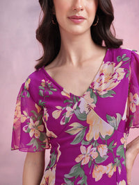 DressBerry Floral Print Flared Sleeve Layered A-Line Maxi Dress