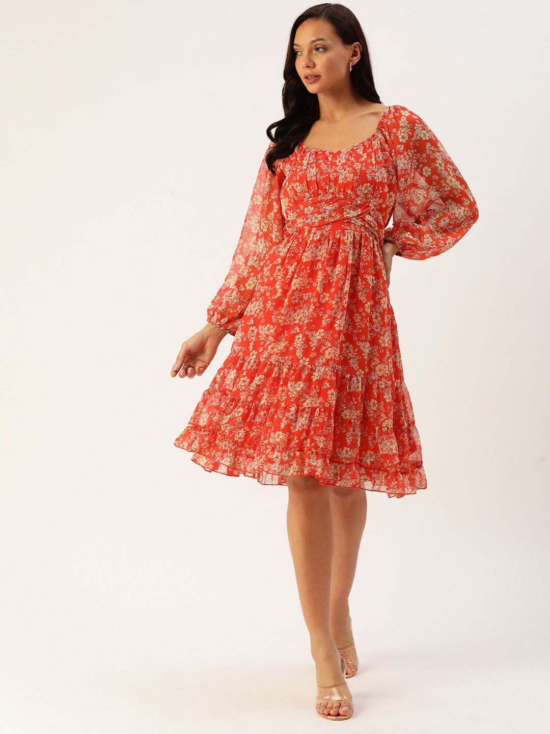 Antheaa Floral Print Puff Sleeve Chiffon A-Line Dress