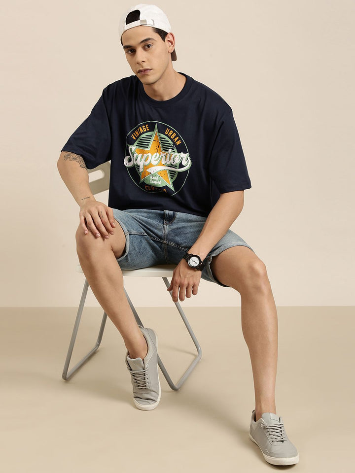 DILLINGER Men Navy Blue Printed Pure Cotton Oversized T-shirt