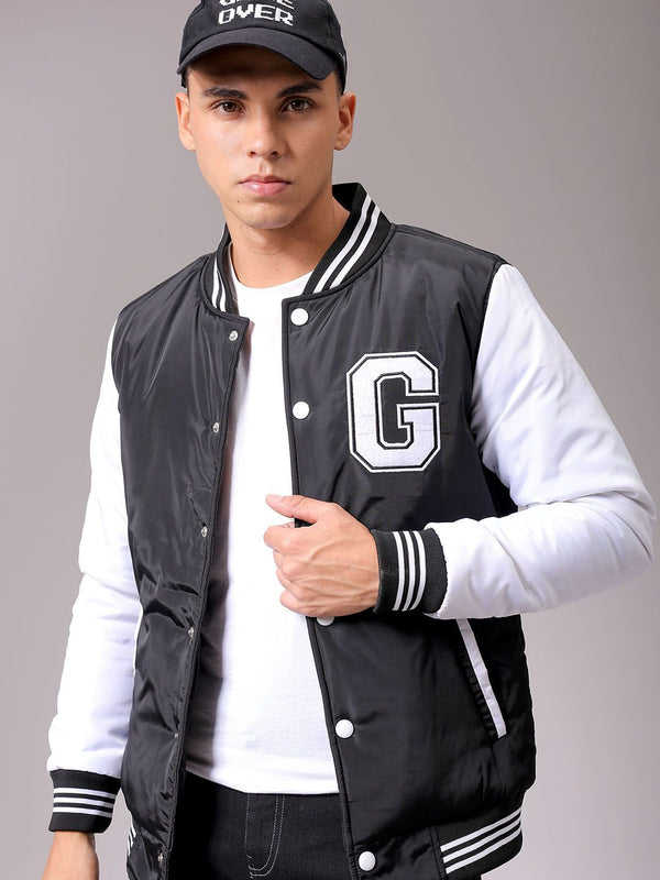 The Indian Garage Co Men Stand Collar Typography Printed Casual Varsity Jacket