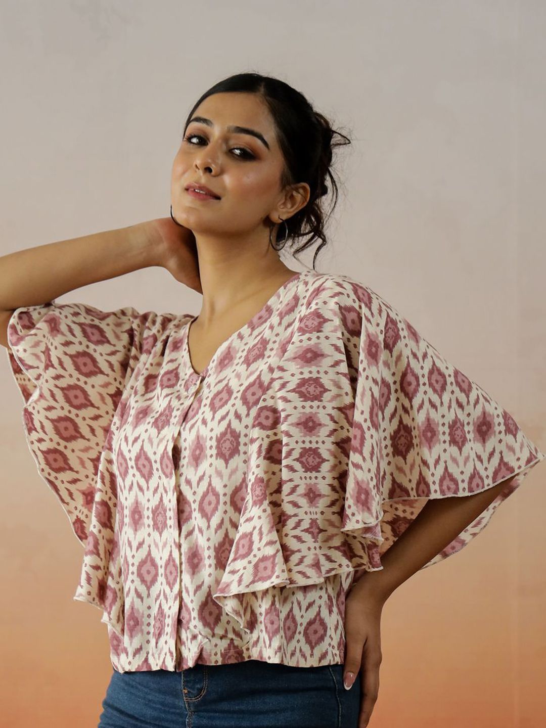 Sanskrutihomes Wanita Abstrak Bercetak Kimono Lengan Kapas Tulen Pure