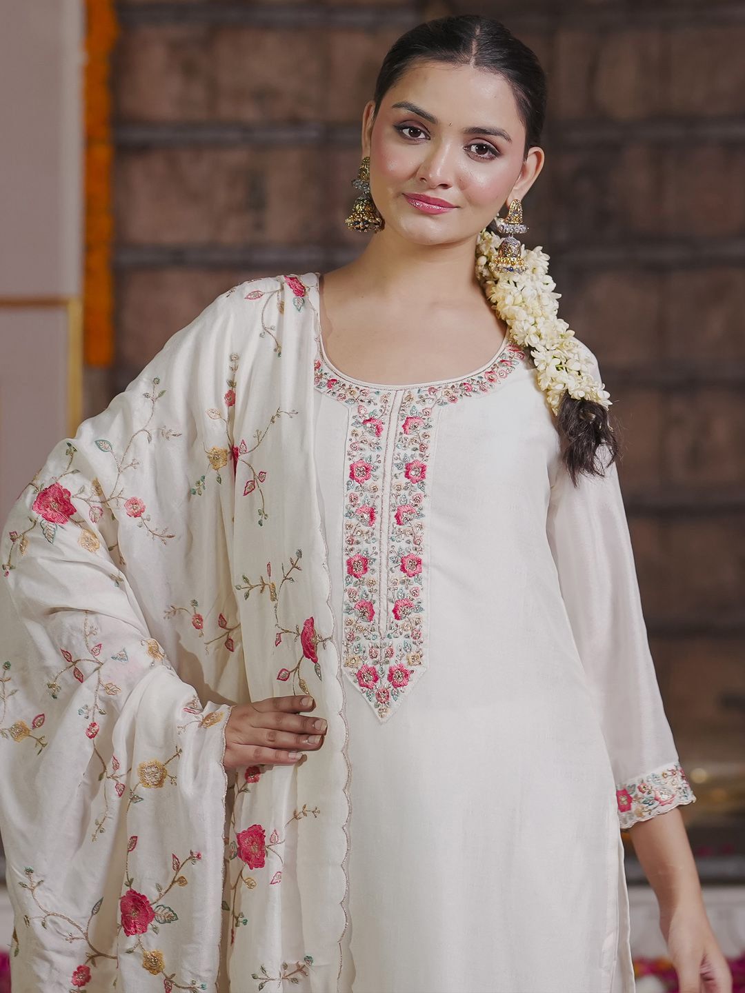 Indo Era Women Floral Embroidered Regular Thread Work Kurta with Trousers & With Dupatta