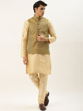 SOJANYA Lelaki Motif Etnik Hijau Zaitun & Jacquard Emas Kurta & Churidar dengan Jaket Nehru
