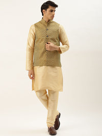 SOJANYA Lelaki Motif Etnik Hijau Zaitun & Jacquard Emas Kurta & Churidar dengan Jaket Nehru