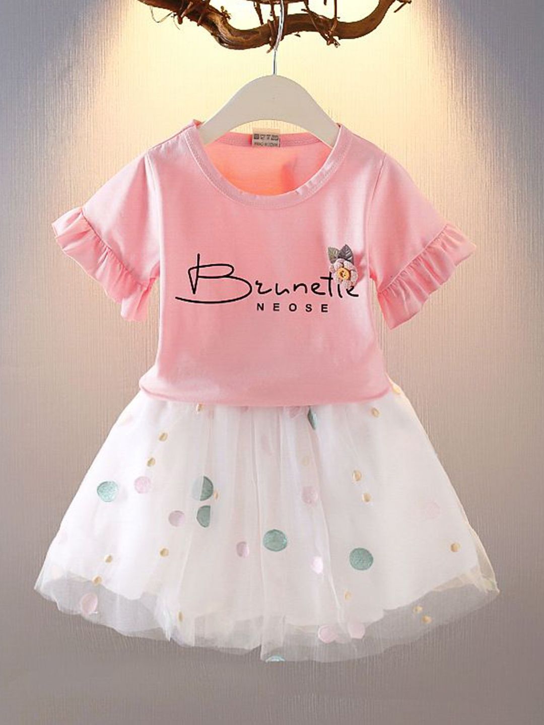 YK Girls Printed Round Neck Short Sleeves Pure Cotton Top With Skirt