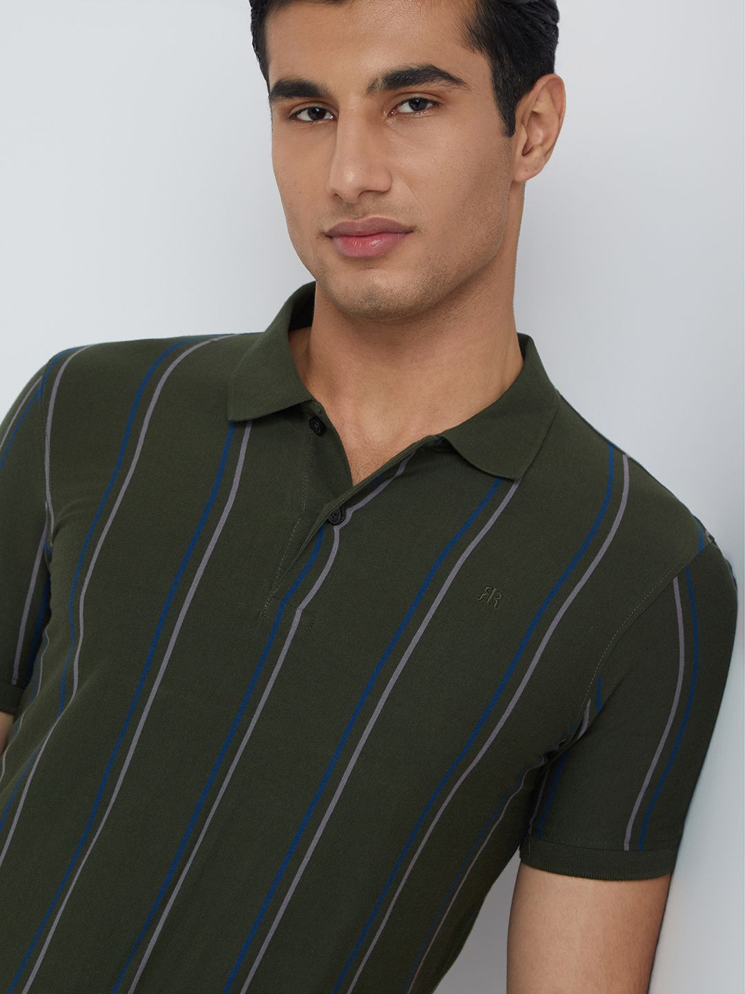 Raymond Men Green & Grey Striped Polo Collar Pure Cotton T-shirt