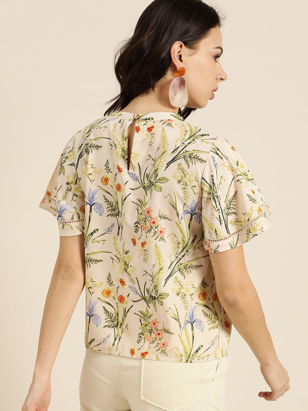 all about you Cream-Coloured & Green Floral Print Flared Sleeves Regular Top
