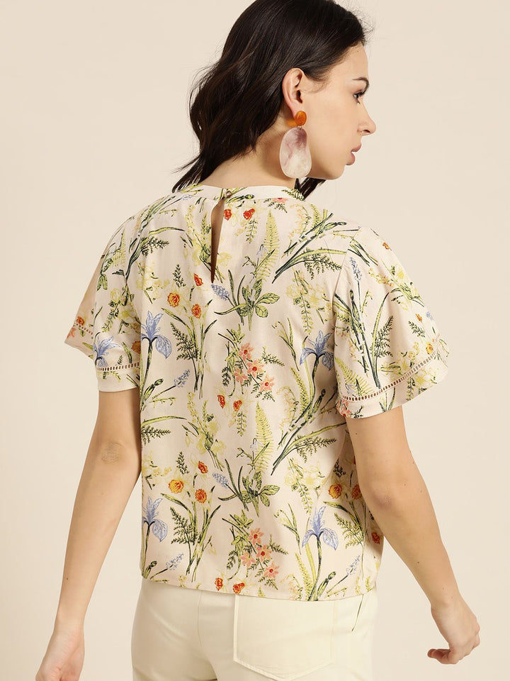 all about you Cream-Coloured & Green Floral Print Flared Sleeves Regular Top