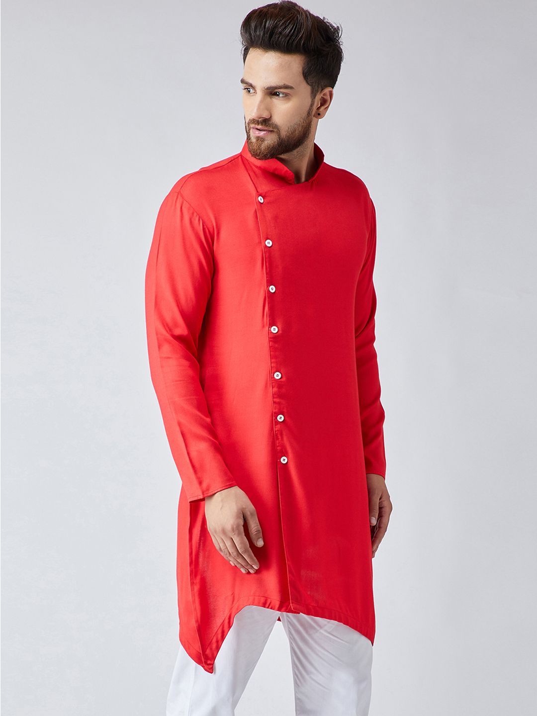 SOJANYA Men Red Solid Asymmetric Straight Kurta