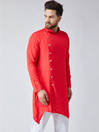 SOJANYA Men Red Solid Asymmetric Straight Kurta