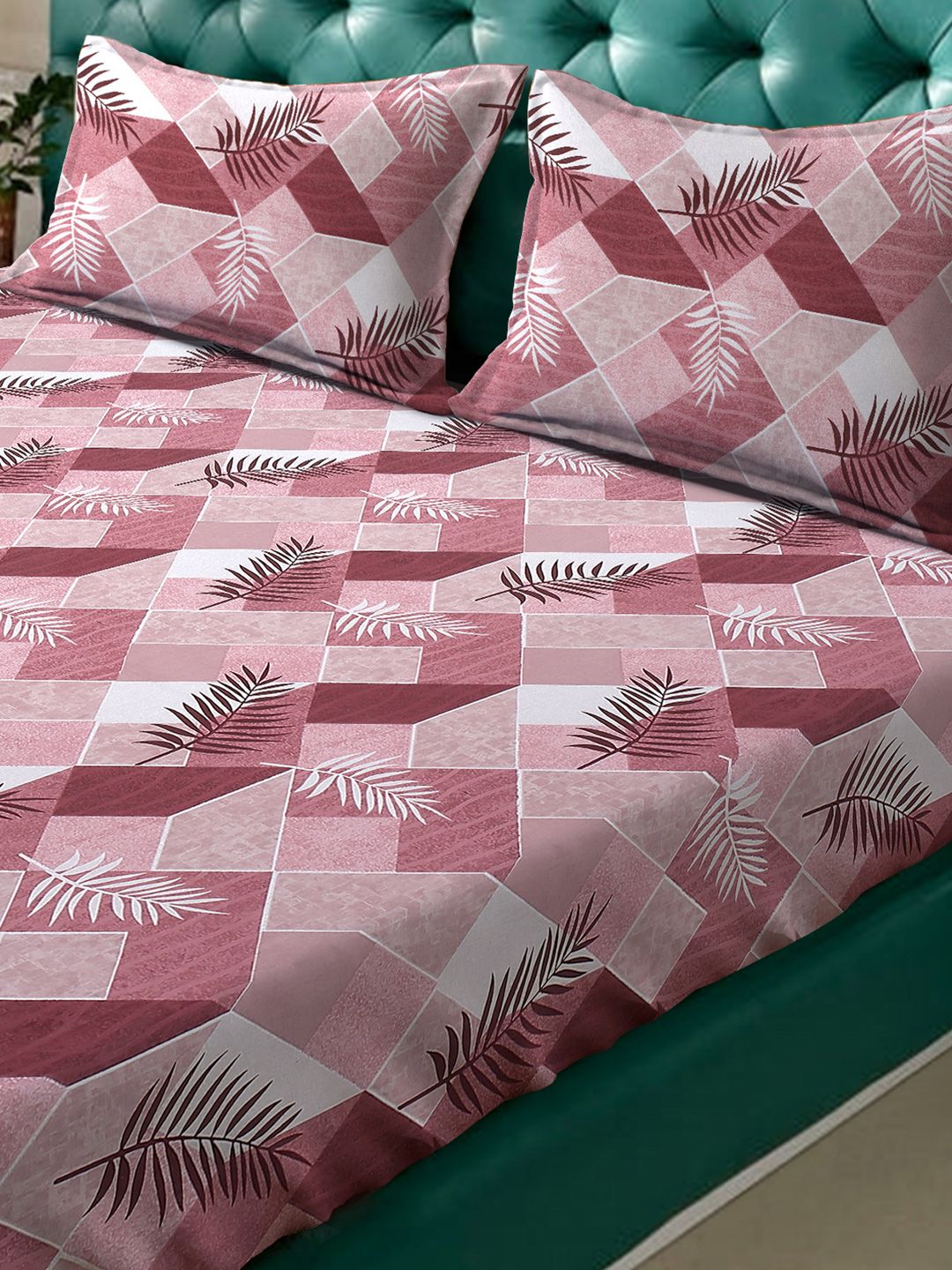 KLOTTHE Purple Floral Printed 400 TC Pure Cotton Fitted King Bedsheet & 2 Pillow Covers