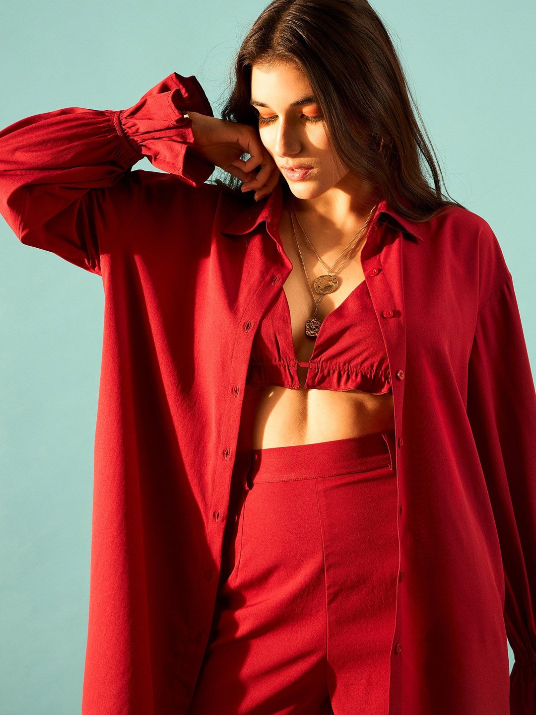 Berrylush  Halter Neck Top Long Sleeve Top & Shirt and Shorts